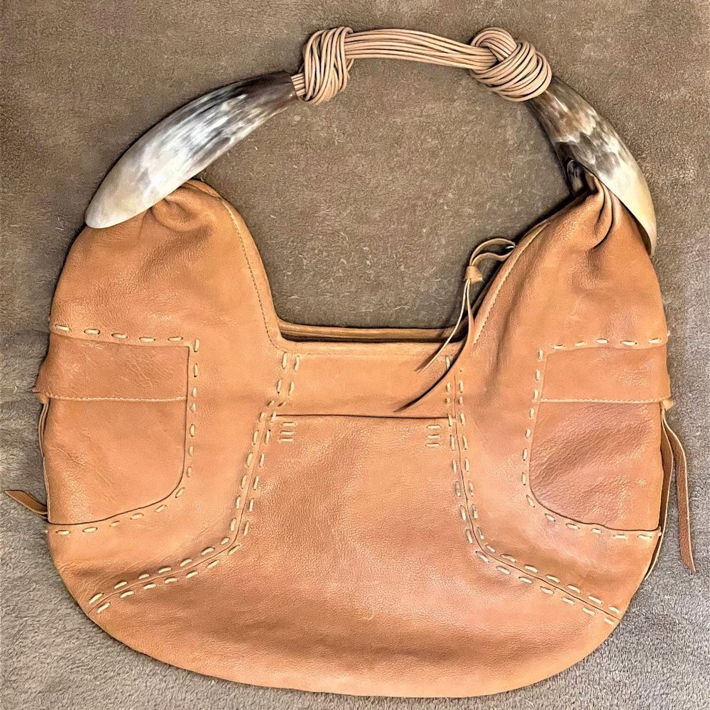 GHURKA Goatskin Goatskin Leather Hobo Bag with Natural Horn Handle Accents